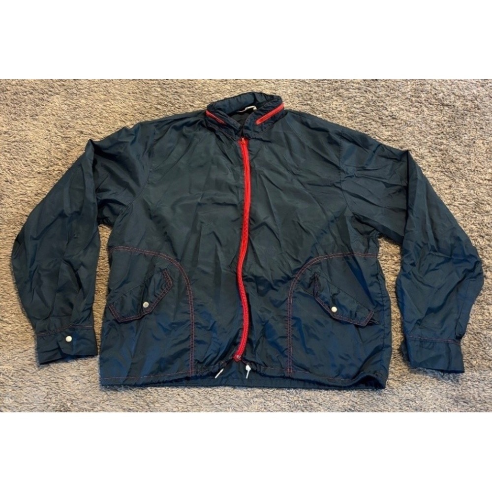 Vintage Rally Stripe Hooded Windbreaker Jacket Black Red Nylon XL